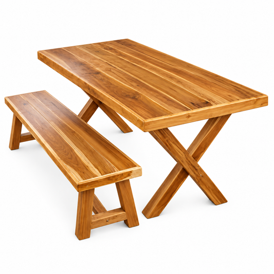 47" Teak Outdoor Dining Set – Rustic Farmhouse Wood Patio Table & Benches