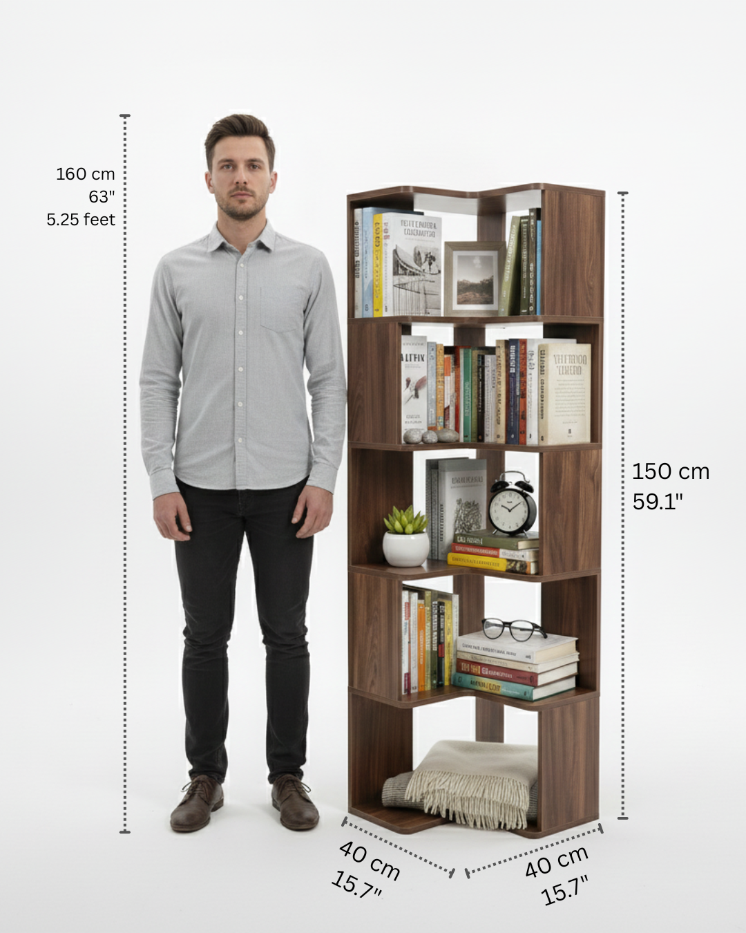 35 units 90-Degree Corner Wooden Bookshelf – 5-Tier Walnut Veneer Standing Storage Rack for Living Room or Office, 15.7 x 15.7 x 59.1 in (400 x 400 x 1500 mm)