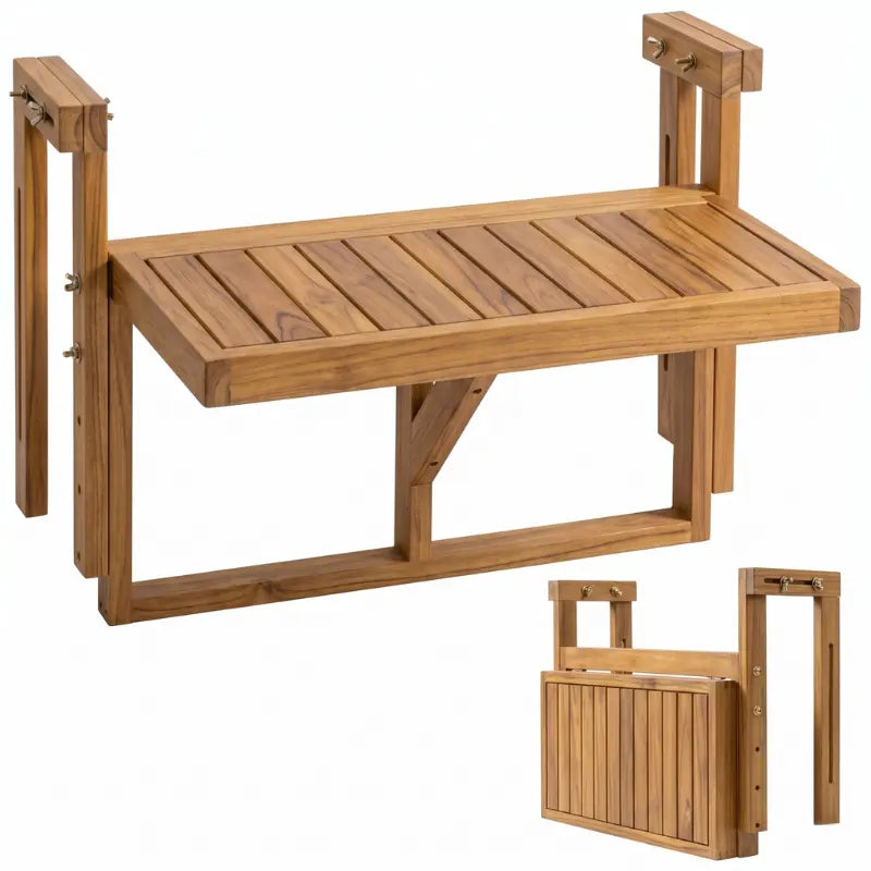 Acacia Wood Folding Balcony Hanging Table – Weather-Resistant Outdoor Railing Table – Adjustable Height & Width – Portable Deck Table for Small Balcony, Patio, and Porch – Rectangular Kikbo