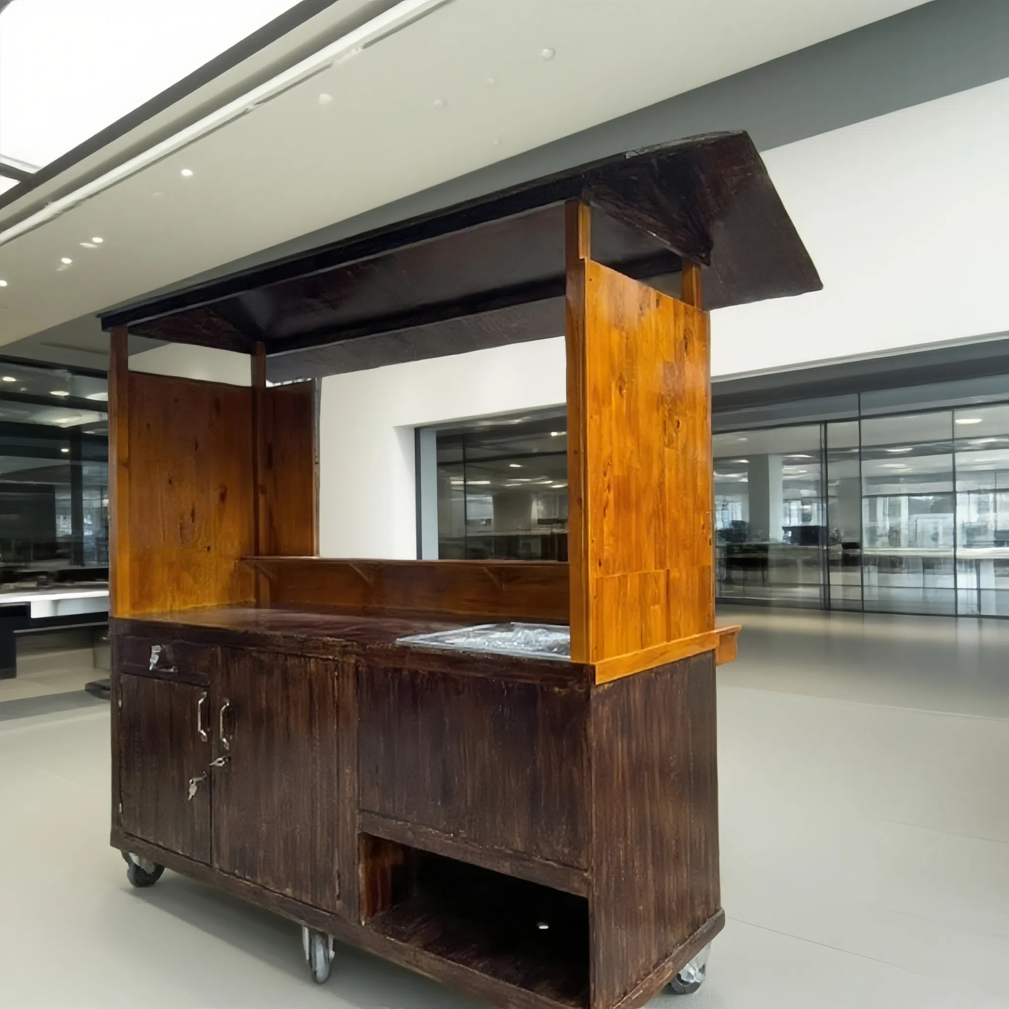 Outdoor Wooden Beverage Cart with Roof and Wheels – Rustic Drink Stand for Juice, Coffee, and Snacks, Customizable Logo and Color, Perfect for Street Vending