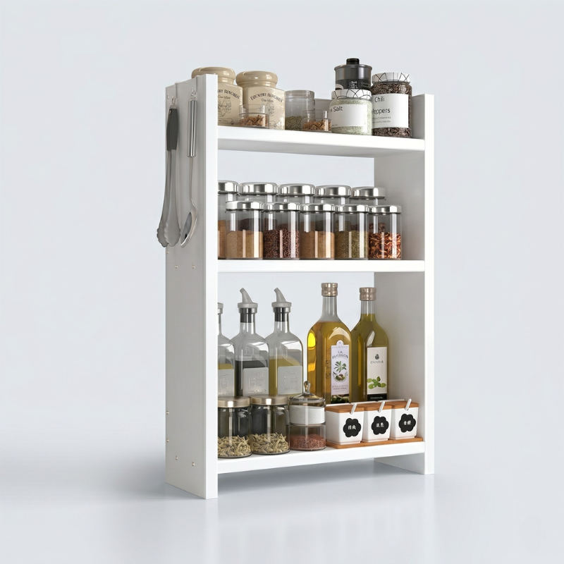 3-Tier Kitchen Spice Rack Organizer – Modern MDF Countertop Storage Shelf – Space-Saving Spice Holder & Pantry Cabinet Organizer for Seasoning Bottles, Jars & Oils, White