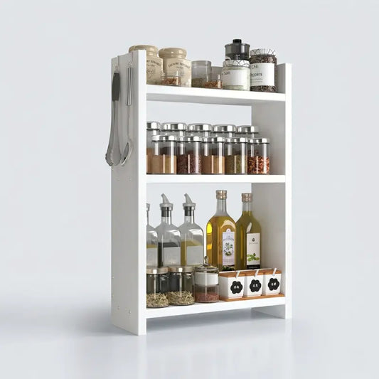 3-Tier Kitchen Spice Rack Organizer – Modern MDF Countertop Storage Shelf – Space-Saving Spice Holder & Pantry Cabinet Organizer for Seasoning Bottles, Jars & Oils, White Kikbo
