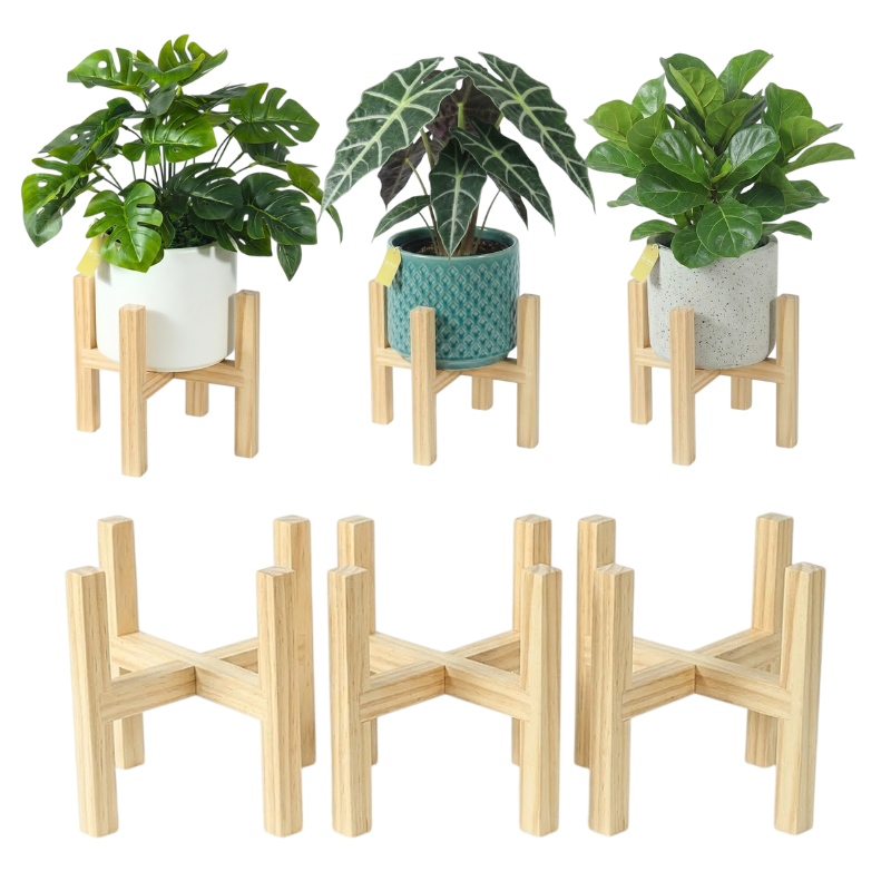 12-Inch Square Wood Plant Stand – 3 PCS Natural Solid Wood Indoor Plant Holder – Stable Mid-Century Modern Pot Pedestal – Fits 8, 9, 10,11, 12-Inch Planters for Living Room & Corner Decor (Pot Not Included)