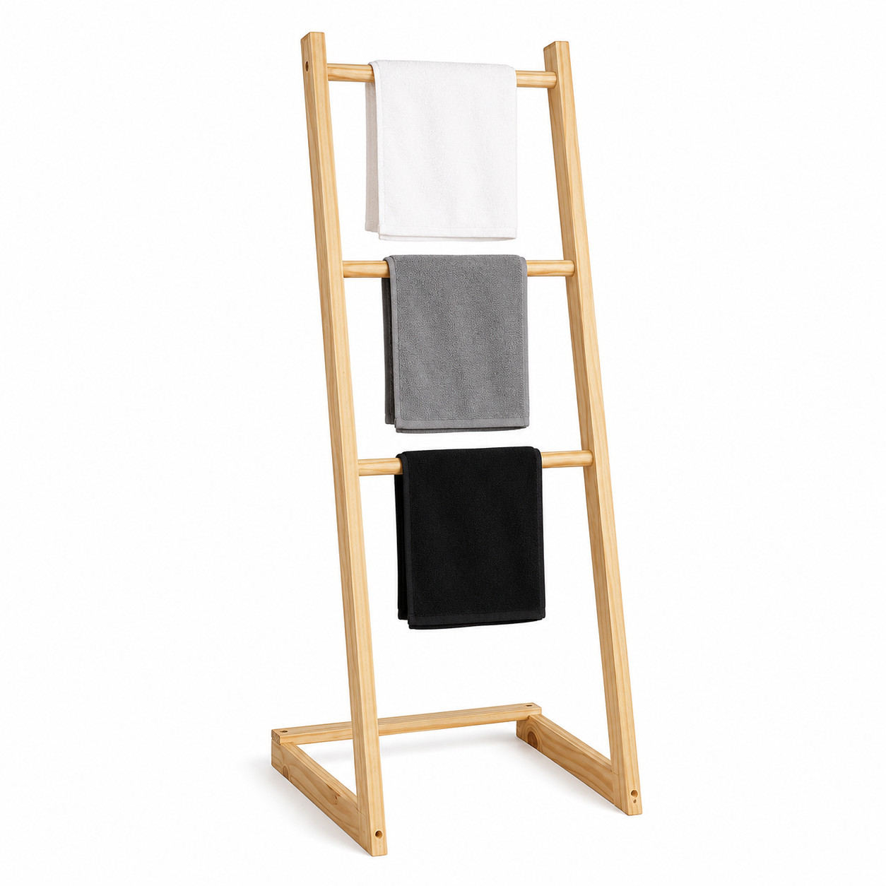 3-Tier Freestanding Towel Rack for Bathroom – Waterproof Solid Pine Wood Blanket Ladder Shelf – Anti-Mold Storage Organizer Stand for Bath Towels, Toiletries & Spa Decor