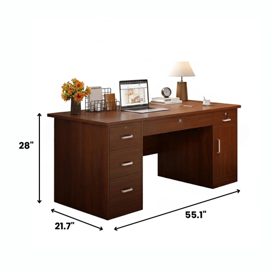 Multi-Functional Office Desk with Storage Cabinets and Drawers, Durable MDF Wood Writing Table for Home and Office, 55.1 x 23.6 x 28 in (140 x 60 x 73 cm)
