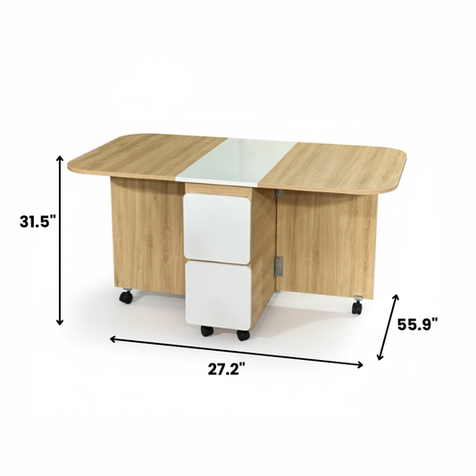Folding Dining Table with Wheels, Space-Saving Extendable Table for Kitchen or Living Room, Compact Wooden Table with Storage Shelf, Easy to Move, 27.2 x 31.5 x 55.9 in (69 x 80 x 142 cm)