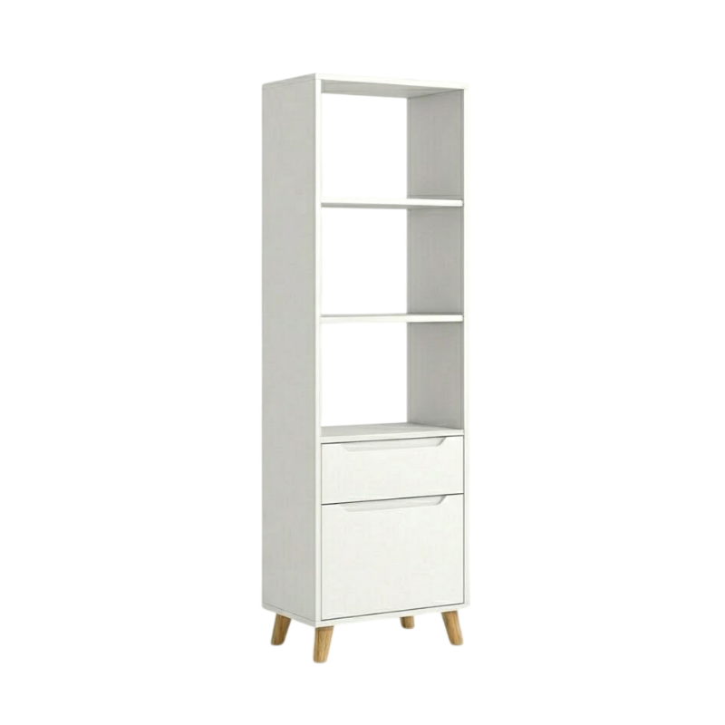 Nordic Style Floor Bookshelf with Storage Drawer – Multi-Tier Modern Bookcase for Living Room & Office – Durable Melamine Coated MDF Wood Shelf – Scratch-Resistant & Easy Assembly