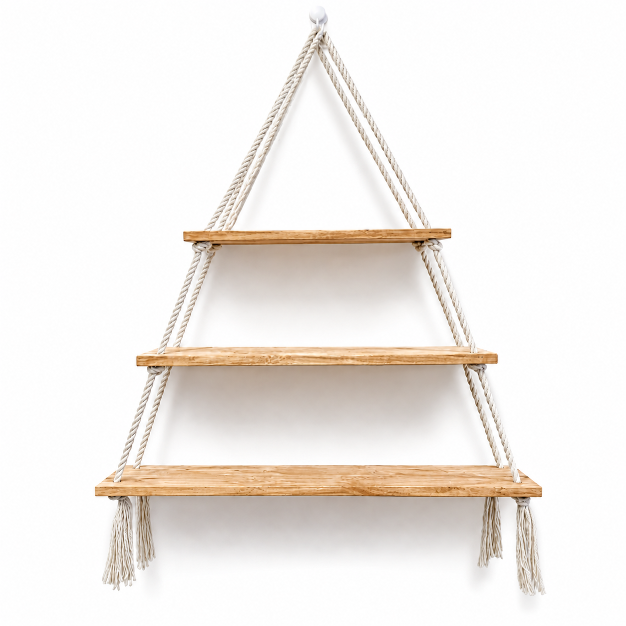 Hanging Wall Shelf – 3 Tier Handmade Cotton Rope Floating Shelves – Rustic Wood Decorative Storage Shelving for Living Room, Nursery, Bedroom & Bathroom – Display for Plants & Photos