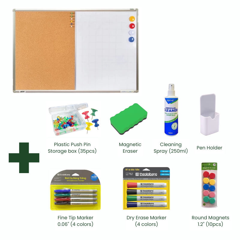 Bundle | Aluminum Frame Magnetic Whiteboard & Cork Board Combo 31.5"x 47.2" & Accessory combo