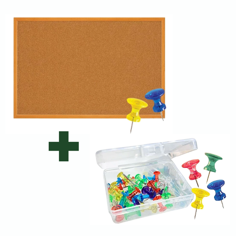 Bundle | Wooden Frame Cork Bulletin Board (Pin Board) & Plastic Push Pin Storage box