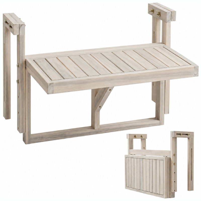 Acacia Wood Folding Balcony Hanging Table – Weather-Resistant Outdoor Railing Table – Adjustable Height & Width – Portable Deck Table for Small Balcony, Patio, and Porch – Rectangular