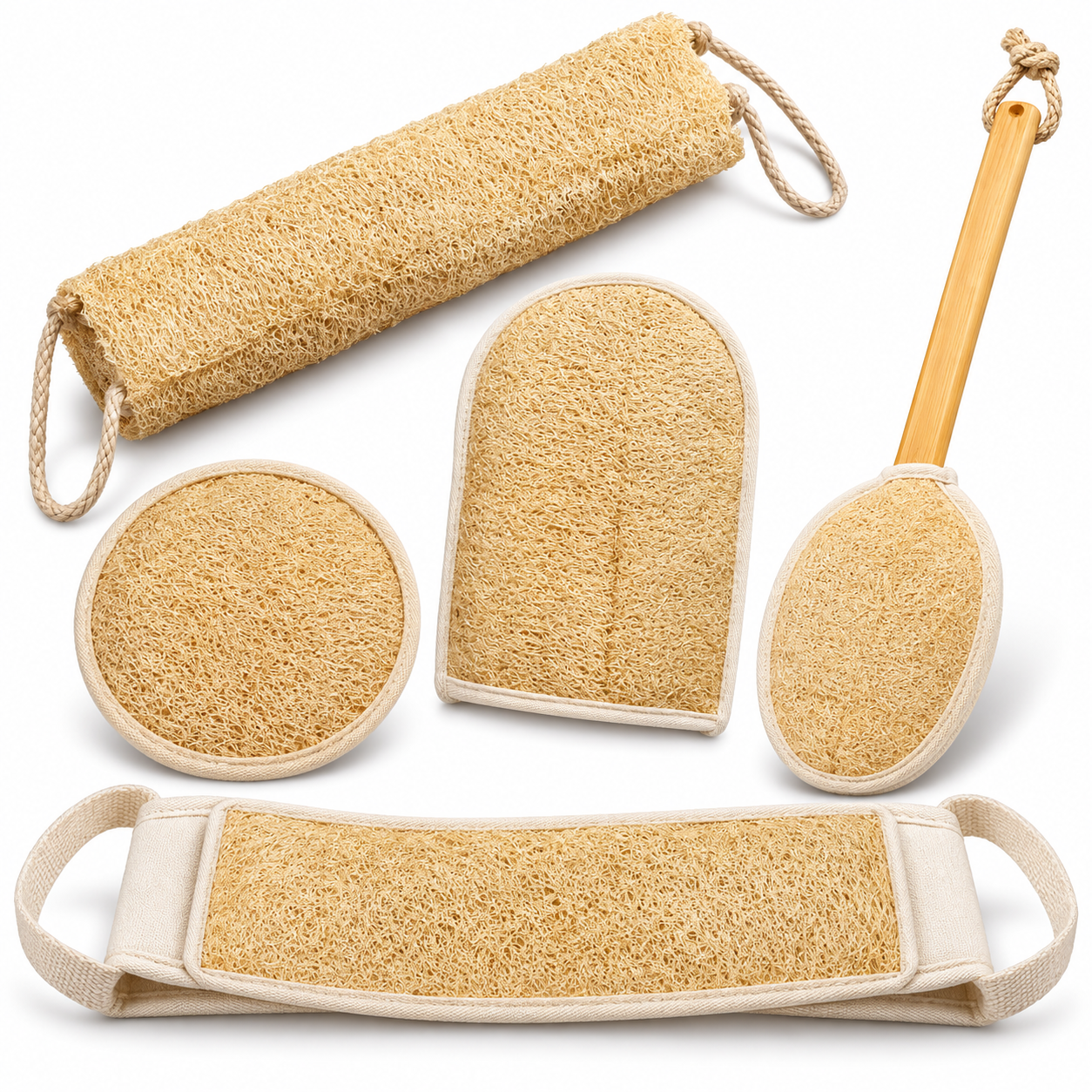 Set of 5 Natural Loofah Back Scrubber & Bath Sponge – Exfoliating Body Scrubber