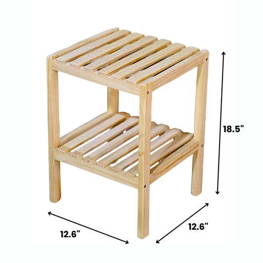 2-Tier Solid Pine Wood Bedside Table – Simple Nightstand with Slatted Shelves
