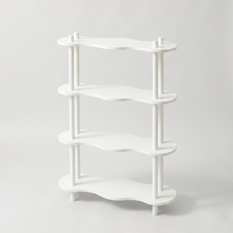 White Wavy Wood Display Shelf – 4-Tier Decorative Storage Rack with Curved Wave Design – Boho Accent Bookshelf & Plant Stand for Bedroom, Living Room & Nursery