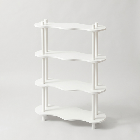 White Wavy Wood Display Shelf – 4-Tier Decorative Storage Rack with Curved Wave Design – Boho Accent Bookshelf & Plant Stand for Bedroom, Living Room & Nursery