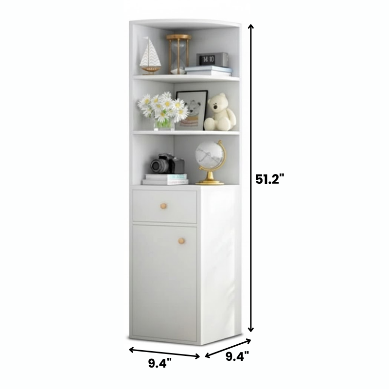 Space-Saving Corner Bookshelf with Storage Cabinet – Compact Wooden Bookcase for Living Room or Bedroom, 9.4 x 9.4 x 51.2 in (24 x 24 x 130 cm)