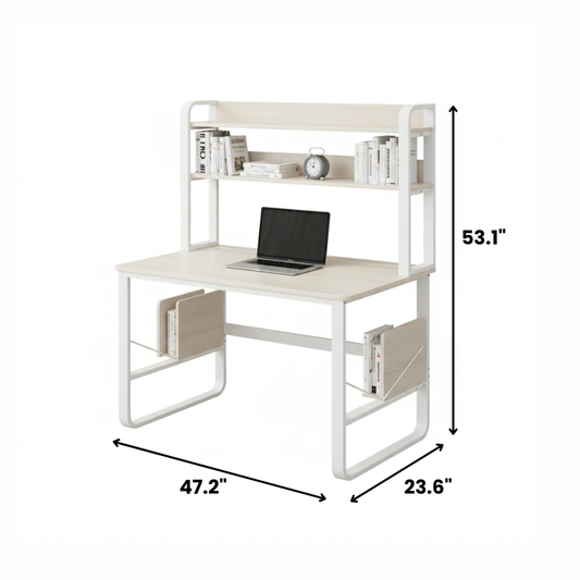 Wood and Metal Study Desk with Bookshelf, 2-Tier Computer Table for Home Office, Durable MDF Top and Steel Frame, 47.2 x 23.6 x 53.1 in (120 x 60 x 135 cm)