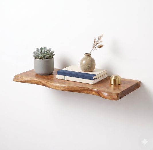 Premium Live Edge Solid Wood Floating Shelf – 1.2 in/ 3cm Thick Natural Edge Wall Mounted Shelf – Rustic Home Decor – Heavy Duty Storage for Kitchen, Bathroom & Living Room