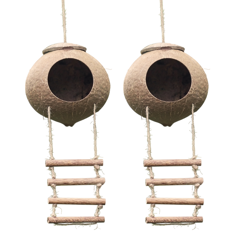 Natural Coconut Cave with Climbing Ladder 2 PCS – Reptile Hideout for Leopard & Crested Geckos – Hanging Coco Shell Hut for Snakes, Hamsters & Hermit Crabs – Terrarium Tank Decor Accessories