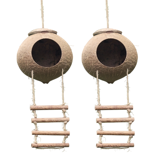 Natural Coconut Cave with Climbing Ladder 2 PCS – Reptile Hideout for Leopard & Crested Geckos – Hanging Coco Shell Hut for Snakes, Hamsters & Hermit Crabs – Terrarium Tank Decor Accessories
