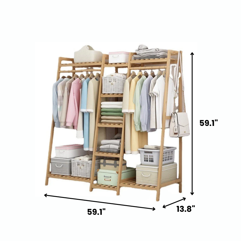 3-Compartment Wooden Clothes Rack, Natural Pine Wardrobe Storage Organizer with Hanging Rods and Shelves – 59.1 x 13.8 x 59.1 in (150 x 35 x 150 cm)