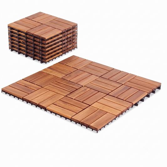 Premium Acacia Wood Deck Tiles – 12"x12"x0.9" Interlocking Patio Flooring in Golden Teak – Waterproof Crossed Pattern Wooden Pavers for Balcony, Backyard, Indoor & Outdoor