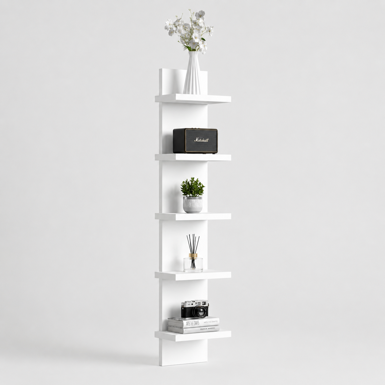 5-Tier Wall Mounted Floating Shelf – MDF Wood Display Rack with Scratch-Resistant Melamine Finish – Vertical Storage Organizer Bookshelf for Living Room, Bedroom & Office, White