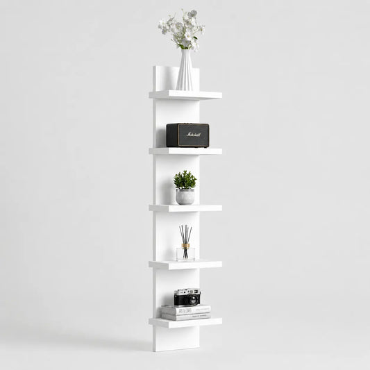 5-Tier Wall Mounted Floating Shelf – MDF Wood Display Rack with Scratch-Resistant Melamine Finish – Vertical Storage Organizer Bookshelf for Living Room, Bedroom & Office, White Kikbo