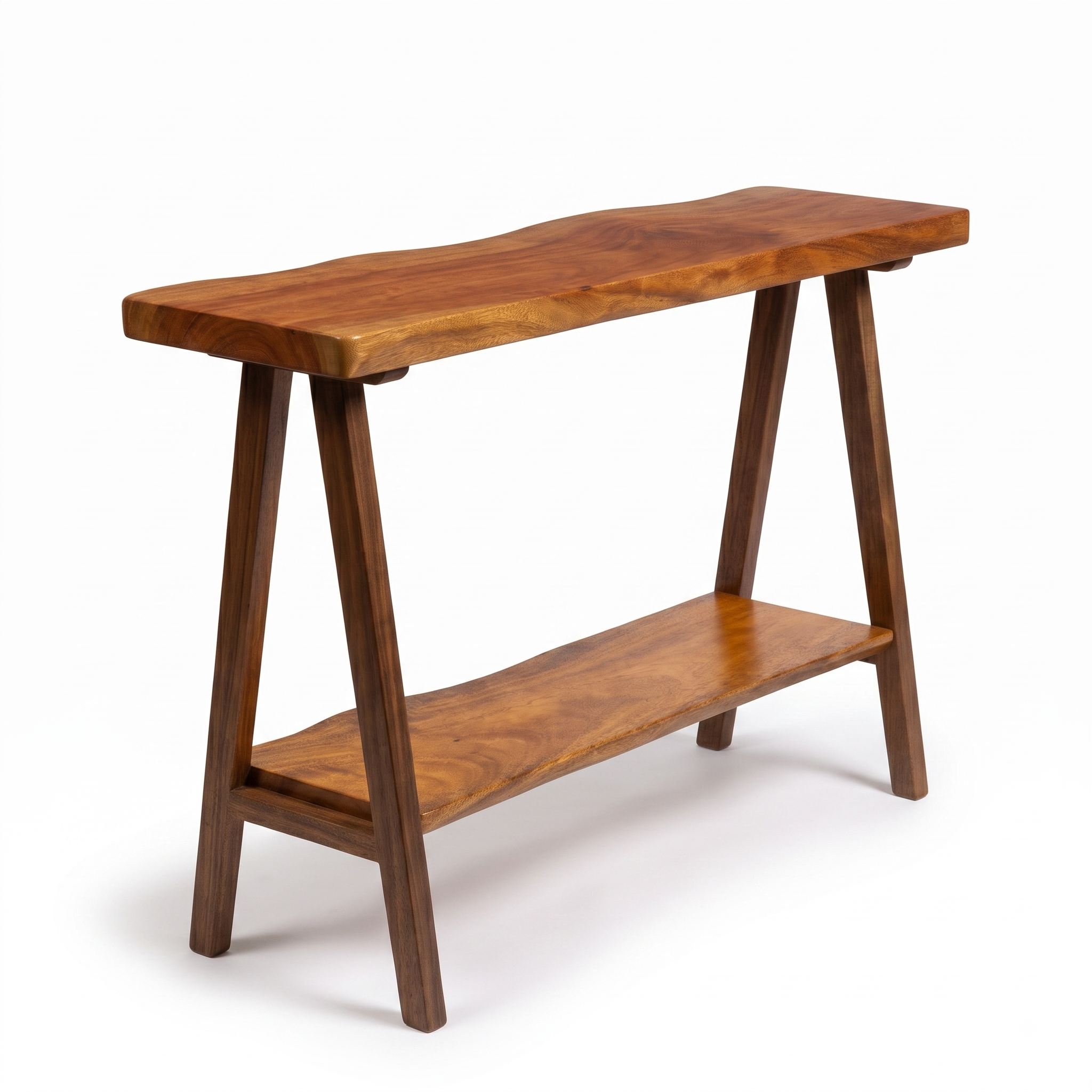 2-Inch Thick Live Edge Solid Wood Console Table – 2-Tier Entryway Table with Storage Shelf – Industrial V-Shaped Metal Legs Sofa Table for Living Room & Hallway Decor