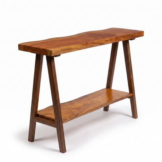 2-Inch Thick Live Edge Solid Wood Console Table – 2-Tier Entryway Table with Storage Shelf – Industrial V-Shaped Metal Legs Sofa Table for Living Room & Hallway Decor