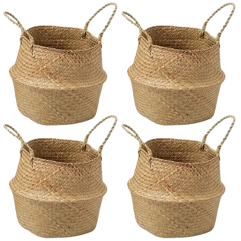 Natural Seagrass Belly Baskets 4pcs – Handmade Woven Plant Pot Holder – Foldable Storage Basket with Handles for Laundry, Picnic, Groceries and Boho Home Decor