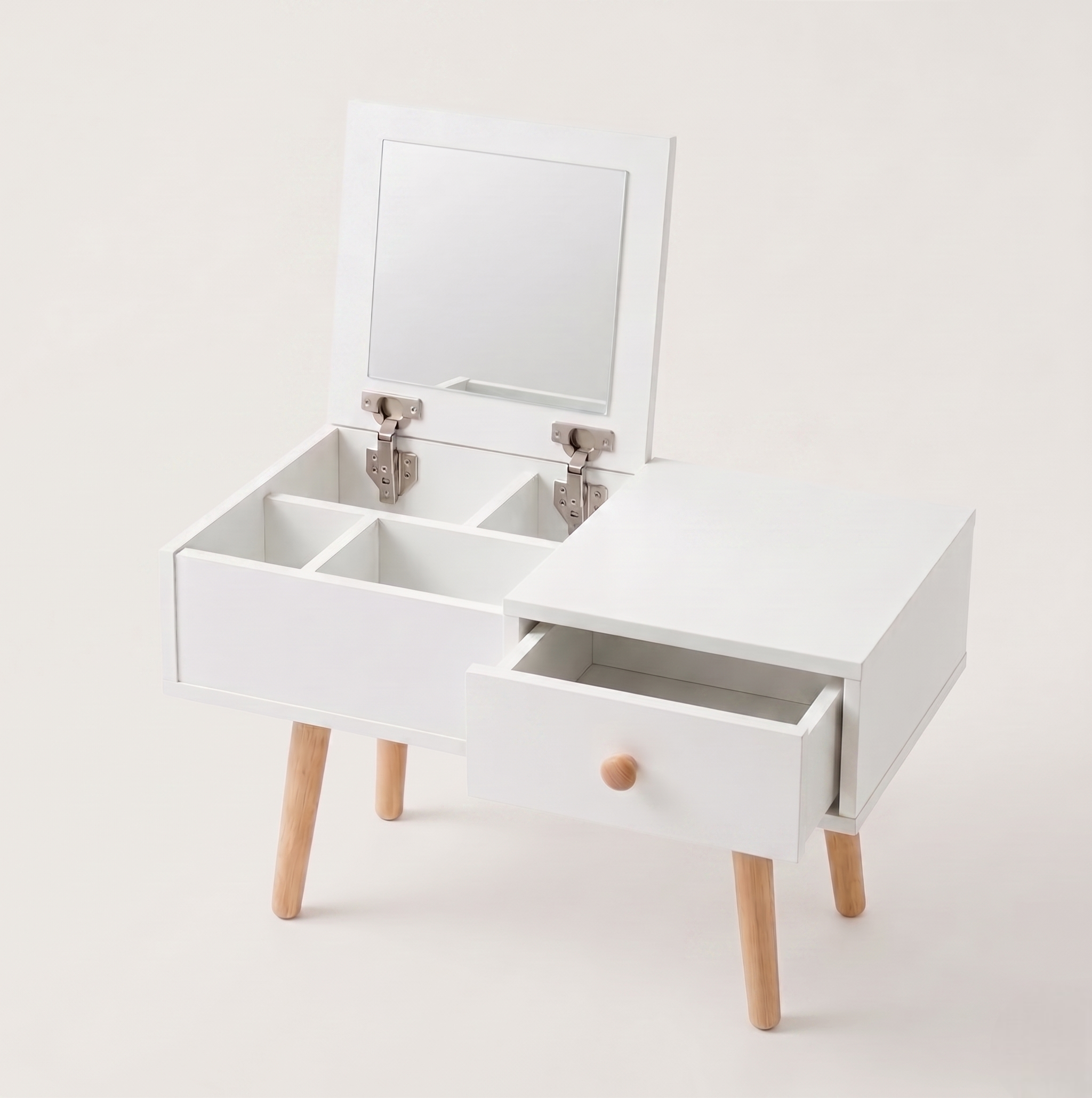 2-in-1 Floor Makeup Vanity & Nightstand – Modern Low-Profile Dressing Table with Solid Wood Legs – Compact Bedroom Storage Organizer & Bedside Tab for Small Spaces