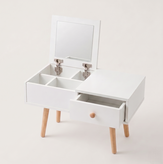 2-in-1 Floor Makeup Vanity & Nightstand – Modern Low-Profile Dressing Table with Solid Wood Legs – Compact Bedroom Storage Organizer & Bedside Tab for Small Spaces