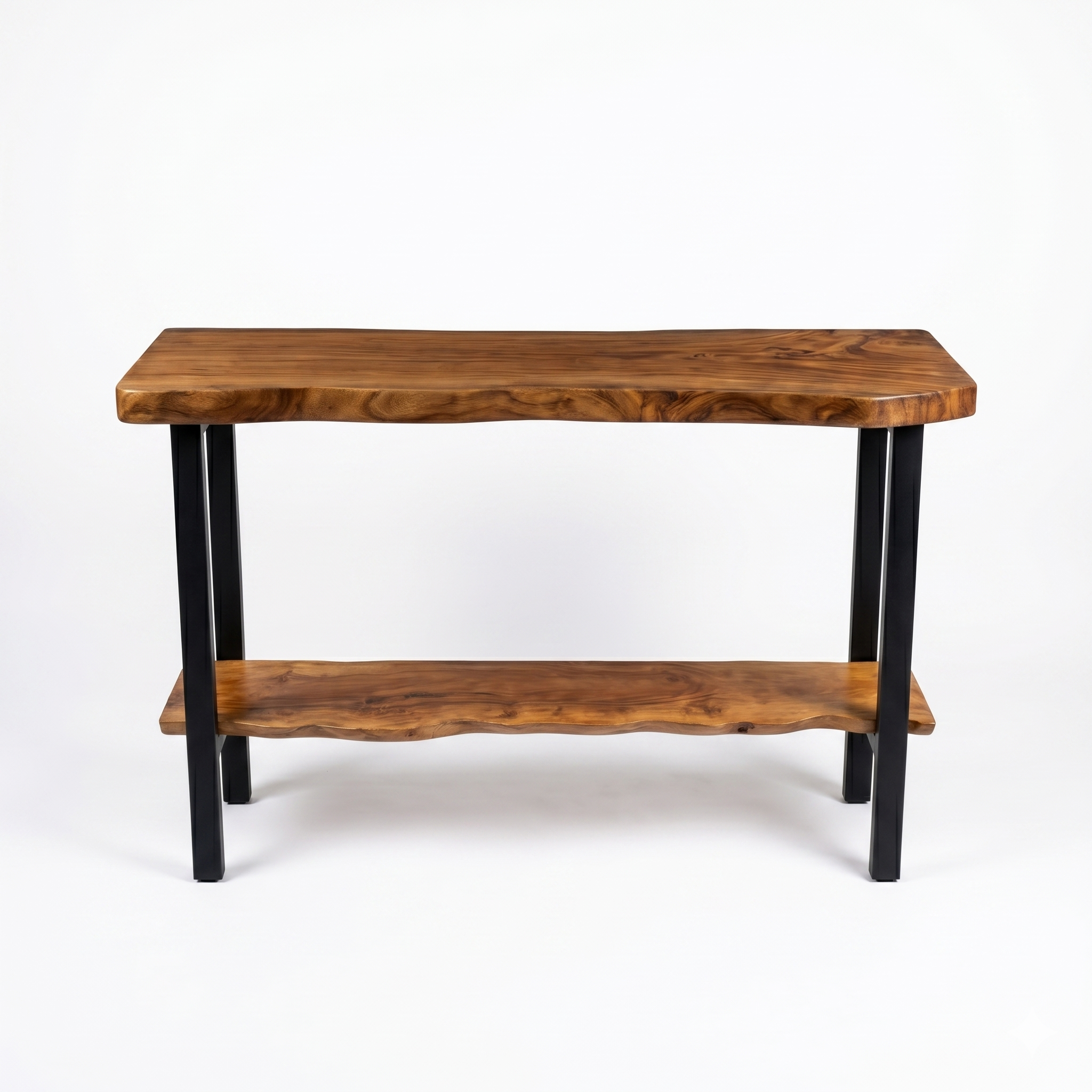 2-Tier Live Edge Solid Wood Console Table 40 Inch – 2-Inch Ultra Thick Slab Entryway Table with Storage Shelf – Modern Foyer Table with Industrial Metal Legs – Luxury Hallway & Sofa Side Table