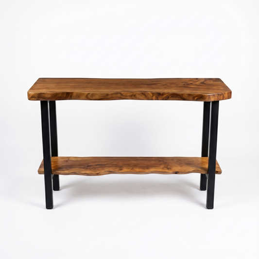 2-Tier Live Edge Solid Wood Console Table 40 Inch – 2-Inch Ultra Thick Slab Entryway Table with Storage Shelf – Modern Foyer Table with Industrial Metal Legs – Luxury Hallway & Sofa Side Table