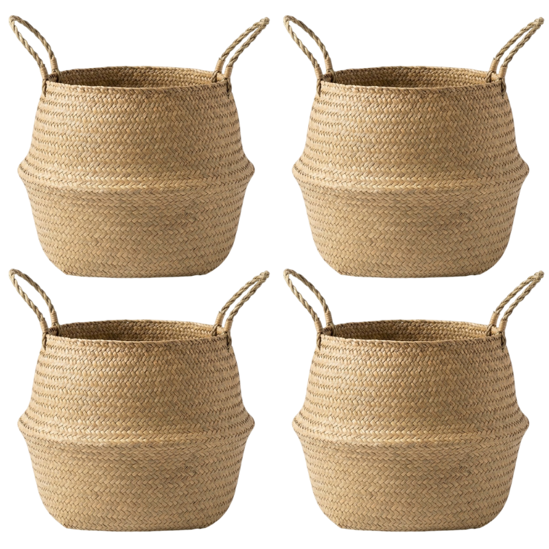 Natural Seagrass Belly Baskets 4pcs – Handmade Woven Plant Pot Holder – Foldable Storage Basket with Handles for Laundry, Picnic, Groceries and Boho Home Decor