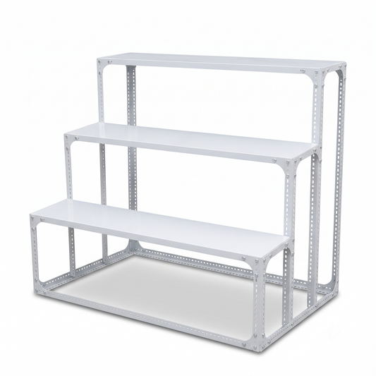 3-Tier White Step Metal Storage Rack - Heavy-Duty Powder-Coated Iron Display Shelf – Versatile Indoor Outdoor Plant Rack & Retail Merchandise Display Stand