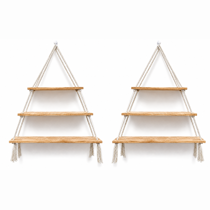 Hanging Wall Shelf – 3 Tier Handmade Cotton Rope Floating Shelves – Rustic Wood Decorative Storage Shelving for Living Room, Nursery, Bedroom & Bathroom – Display for Plants & Photos
