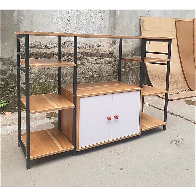 2‑Tier Wooden Microwave Oven Rack with Cabinet & 6 Shelves – Extra‑Wide Kitchen Storage Stand