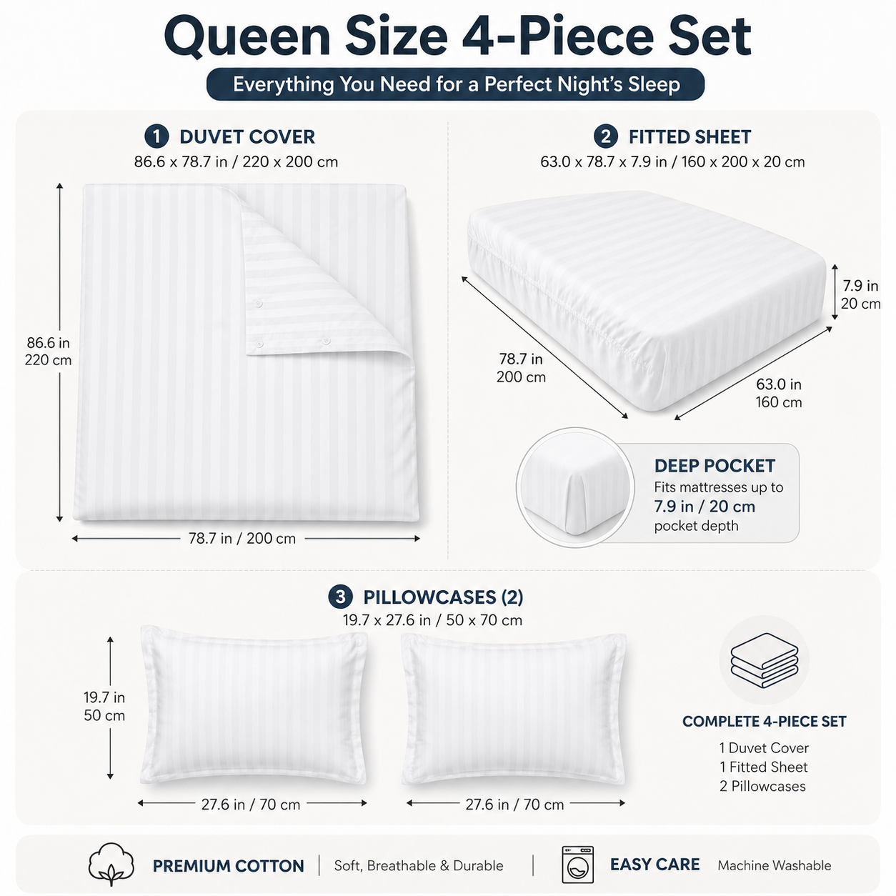 Cotton Bedding Set – 4-Piece Duvet Cover & Sheet Set, Striped White