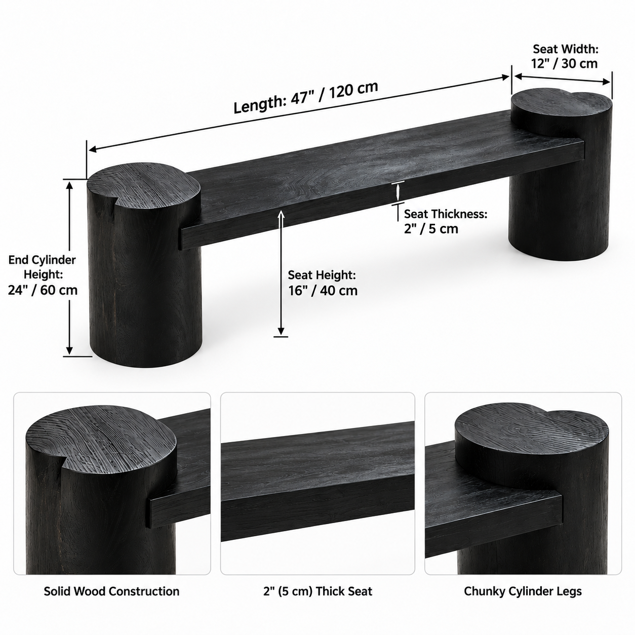 47" Black Solid Wood Bench – 2" Thick Slab Bench with Cylinder Legs