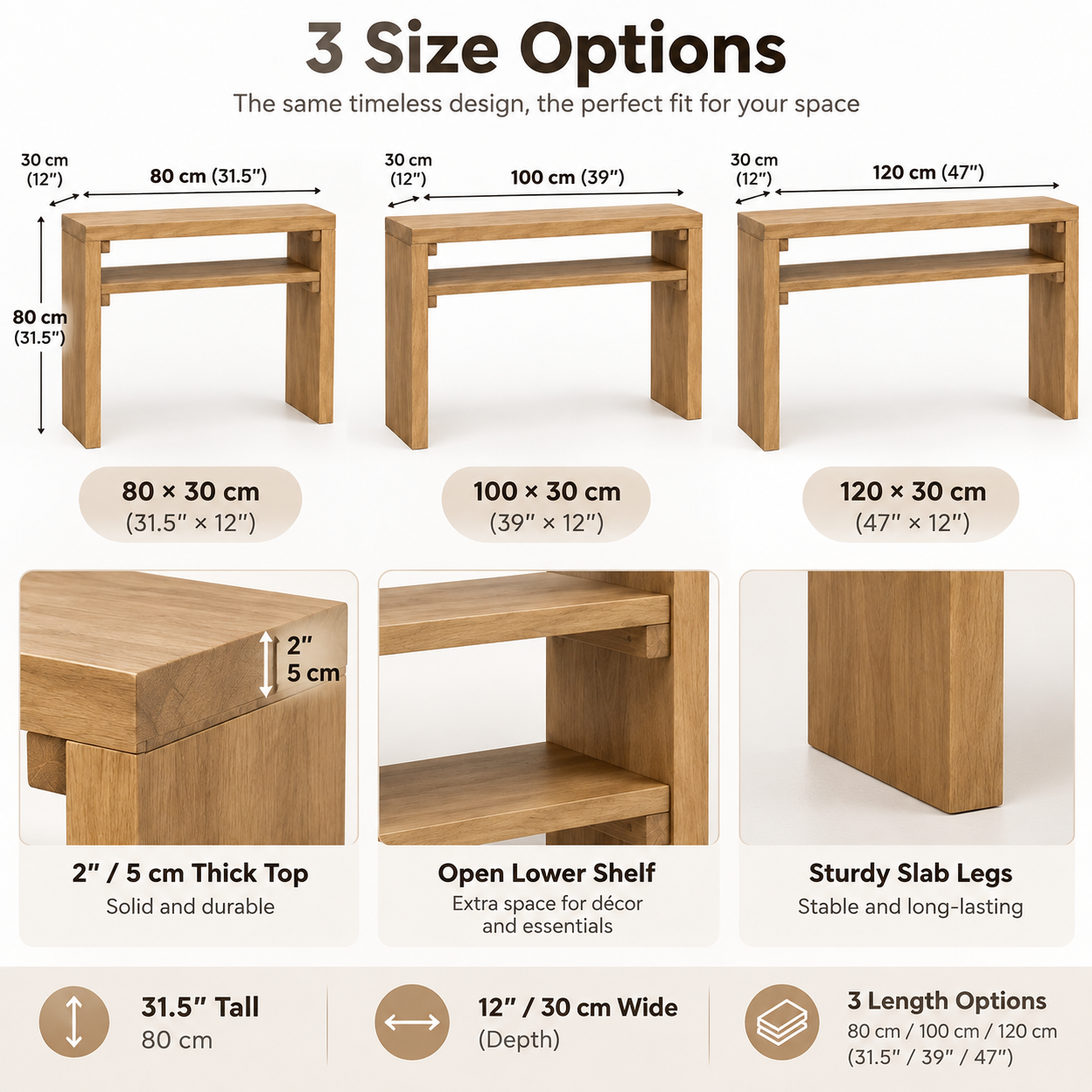 31.5" Tall Rustic Solid Wood Console Table – 2" Thick Slab Entryway Desk