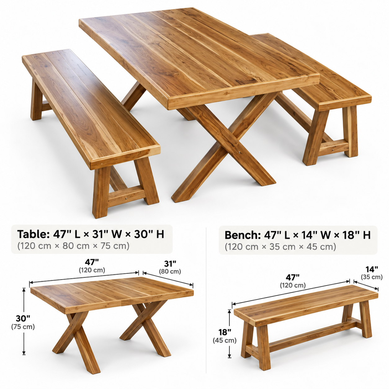 47" Teak Outdoor Dining Set – Rustic Farmhouse Wood Patio Table & Benches