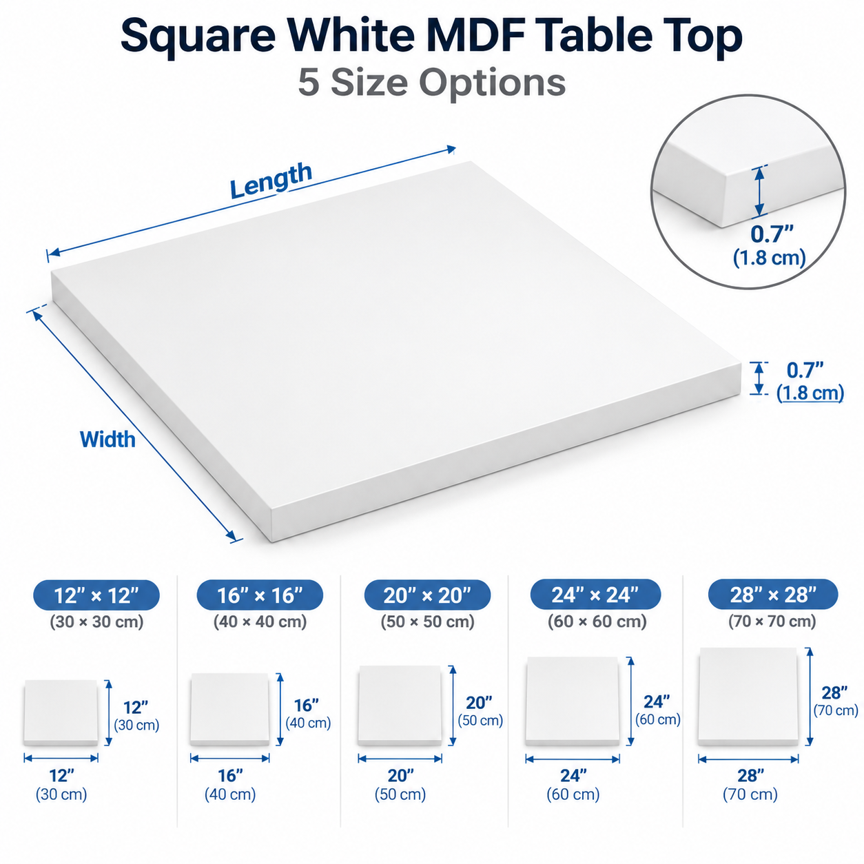 Square White MDF Table Top 0.7" – Smooth Painted DIY Replacement Desk Top
