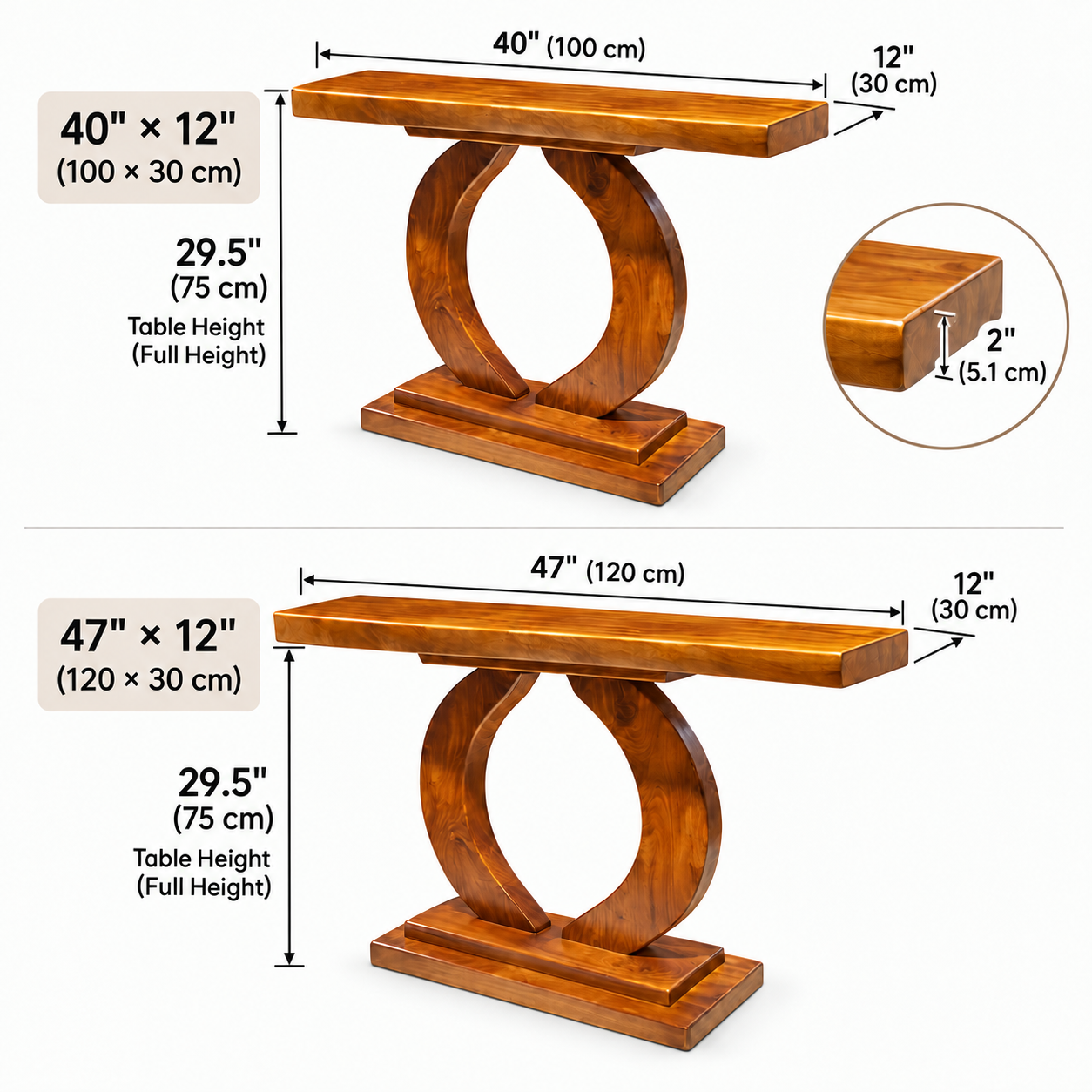 Solid Wood Console Table – 2" Thick Slab Table with Circular Base