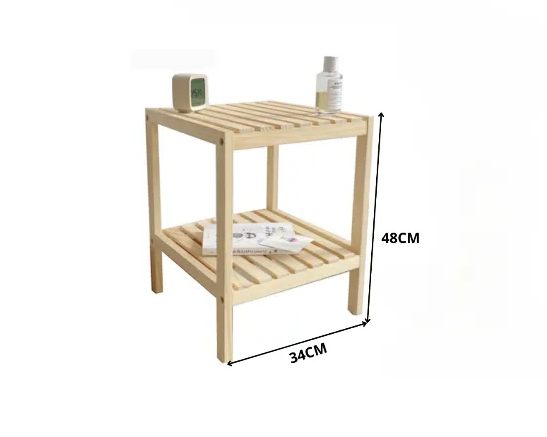 2-Tier Solid Pine Wood Bedside Table – Simple Nightstand with Slatted Shelves