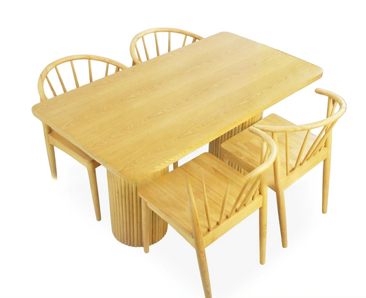 Oak Wood Table and 4 Solid Wood Chairs Dining Set