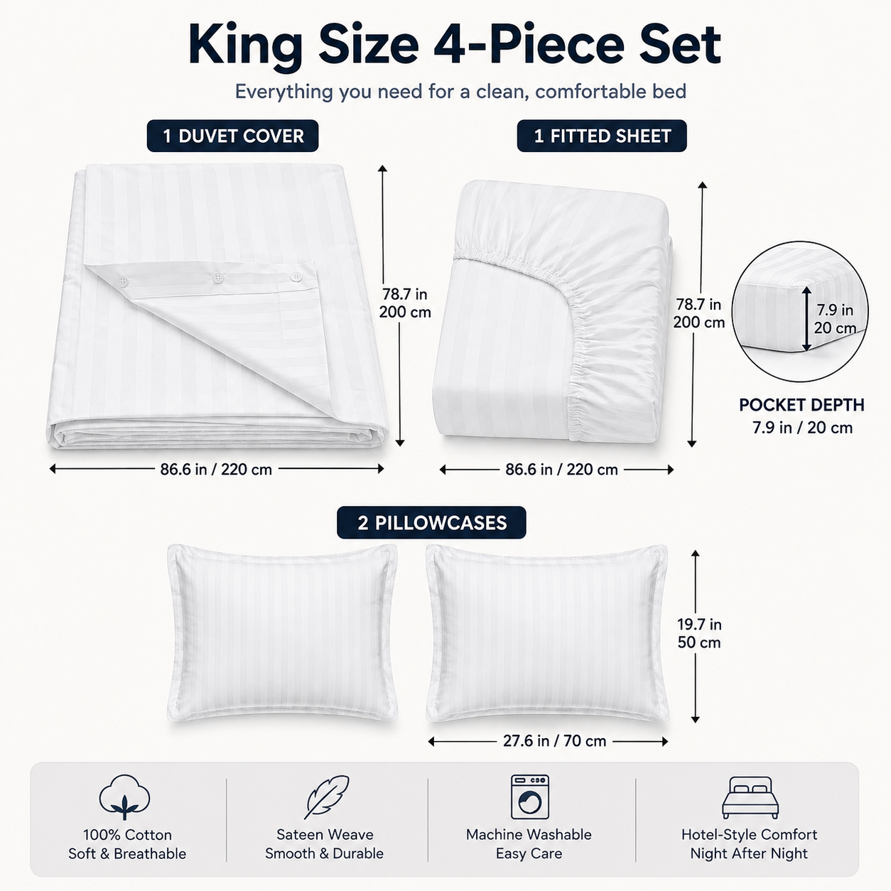 Cotton Bedding Set – 4-Piece Duvet Cover & Sheet Set, Striped White