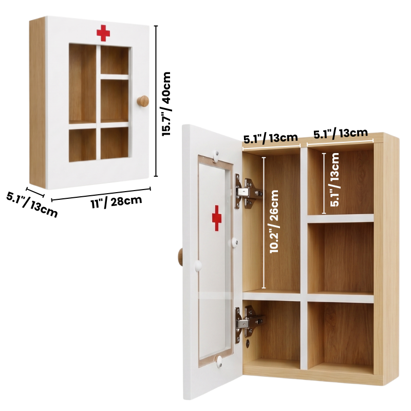 Wooden First Aid Medicine Cabinet – Wall Mounted Family Emergency Medical Box with Lock – Decorative Solid Wood Storage Organizer for Bathroom, Kitchen & Office, No-Drill