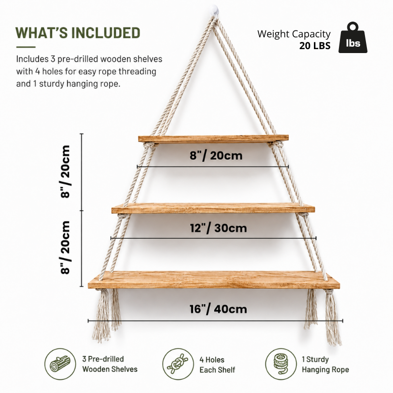 Hanging Wall Shelf – 3 Tier Handmade Cotton Rope Floating Shelves – Rustic Wood Decorative Storage Shelving for Living Room, Nursery, Bedroom & Bathroom – Display for Plants & Photos